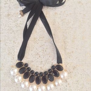 Ribbon tie pearl and black gem statement necklace